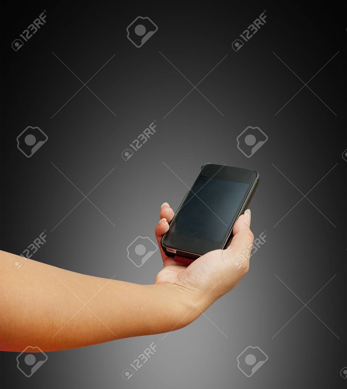 Hand Women Touch Smart Phone In On White Background Stock