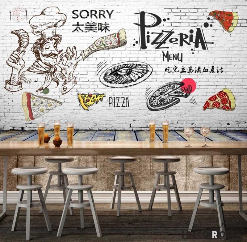 White Brick Wall Black And Drawing Pizza Pizzeria Restaurant