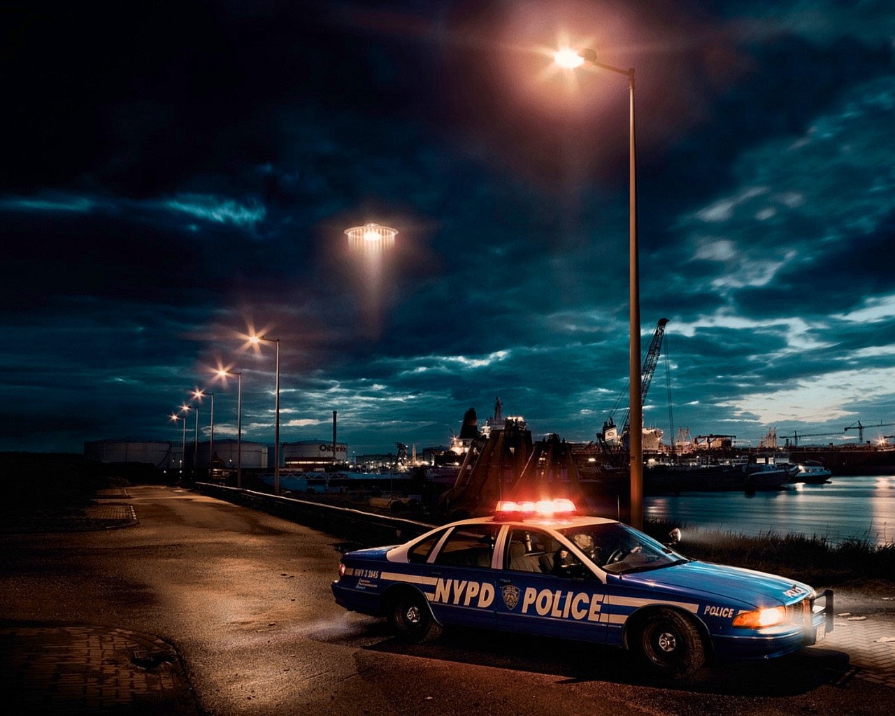Wallpaper police cars port ufo lights night wallpapers situations