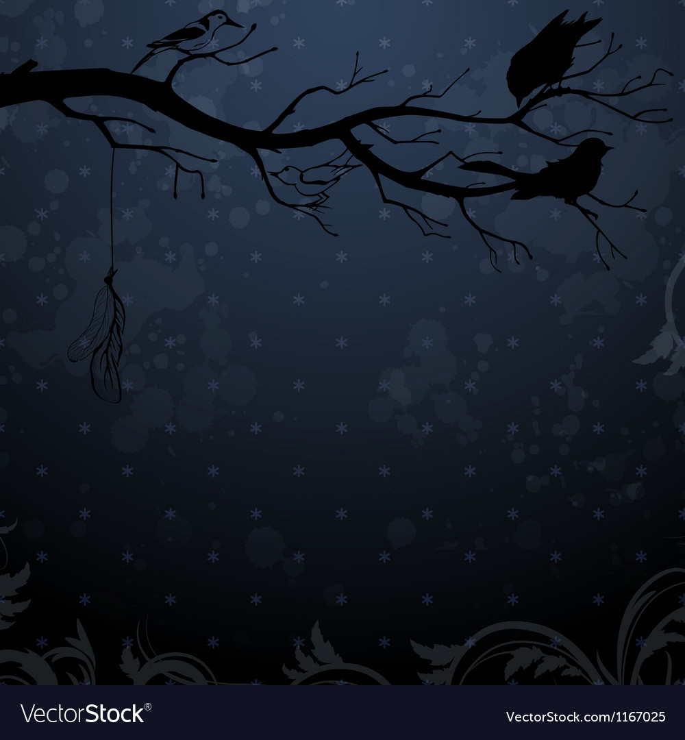 Dark Winter Background With Tree Branch And Birds Vector Image