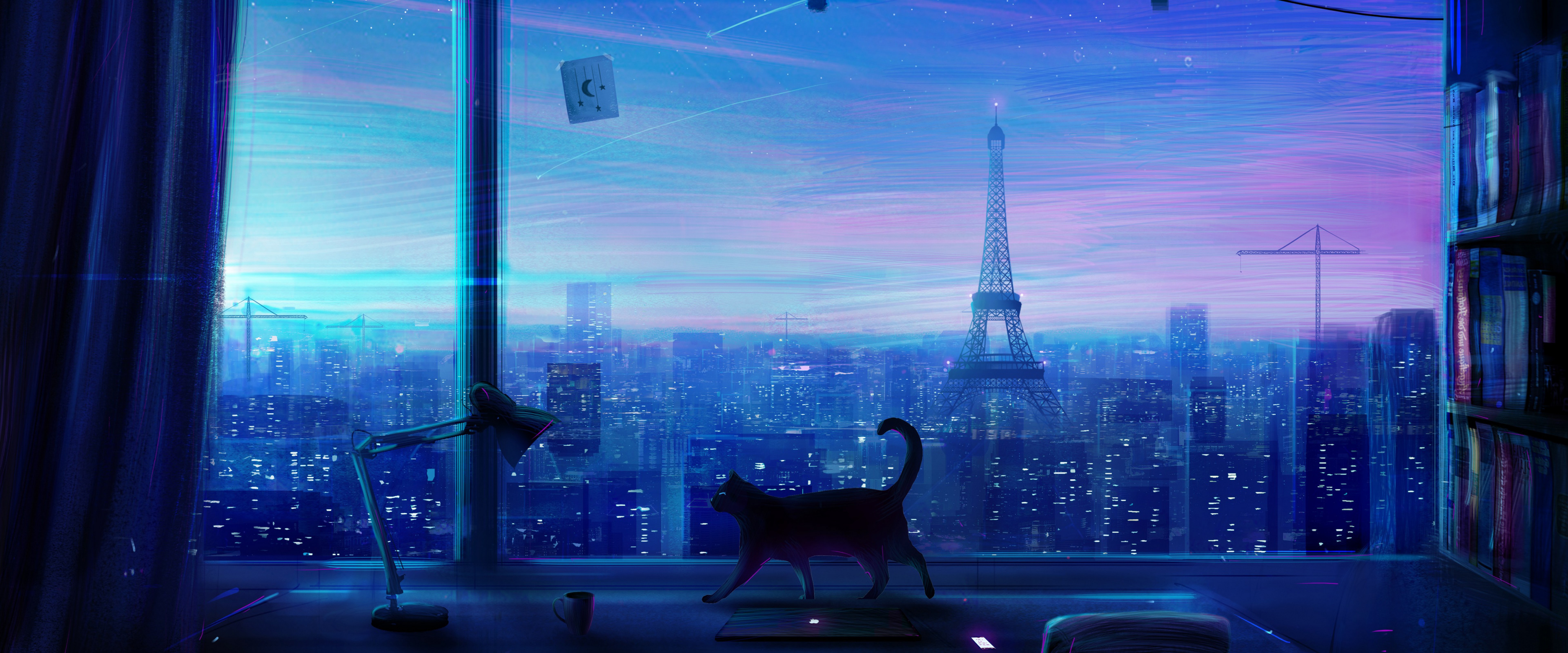 Cat City Night Scenery Anime 4k Wallpaper
