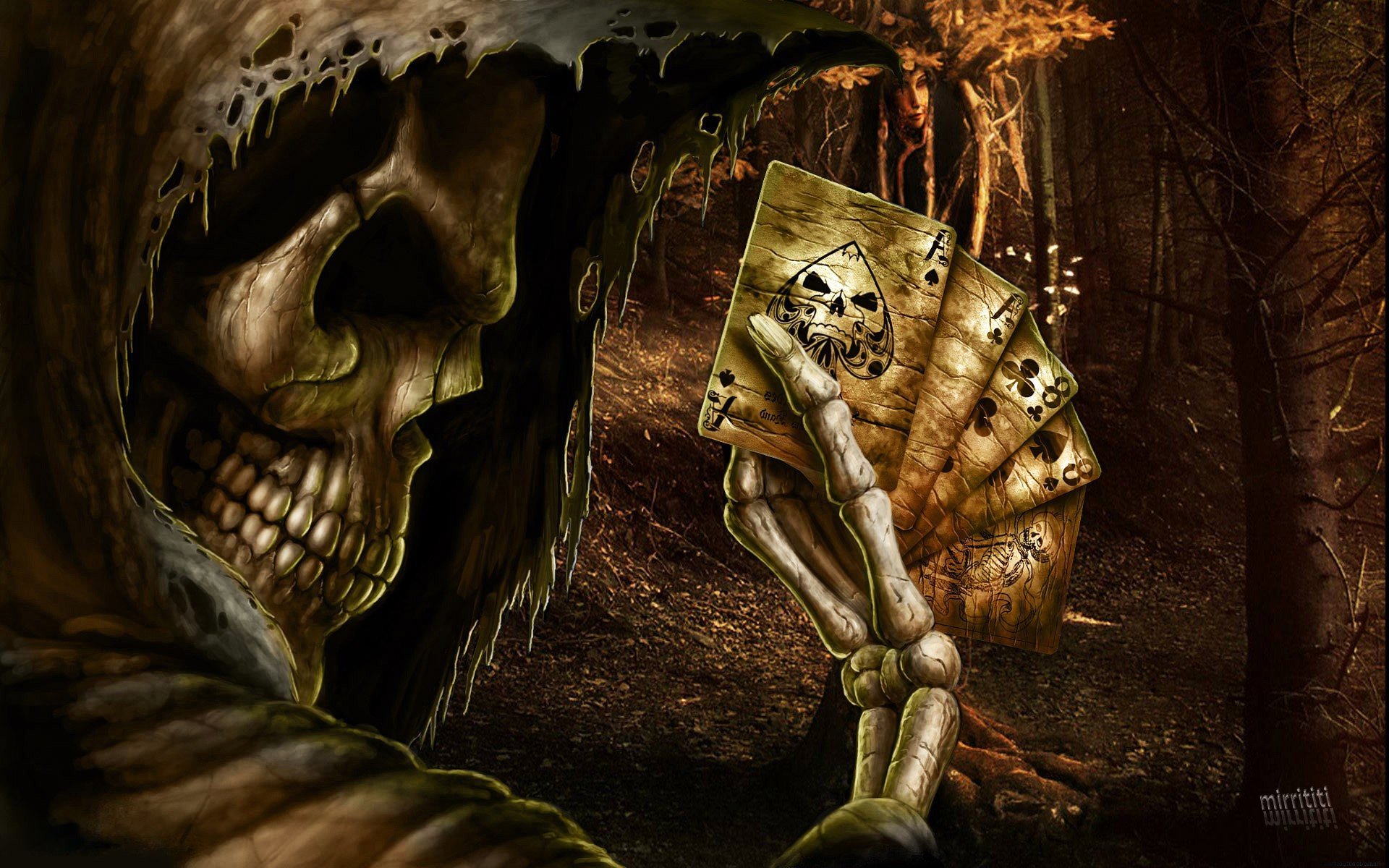 Dark Grim Reaper horror skeletons skull creepy cards games poker ace 1920x1200