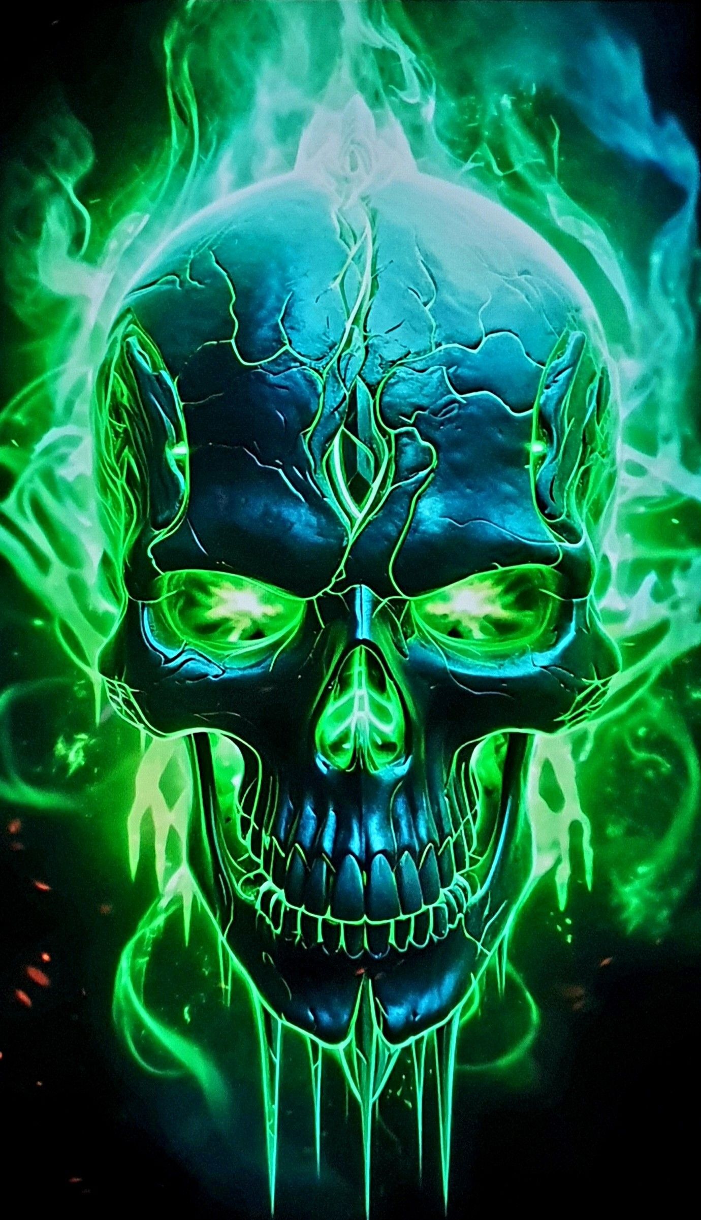 Skulls On Fire Green Wallpaper