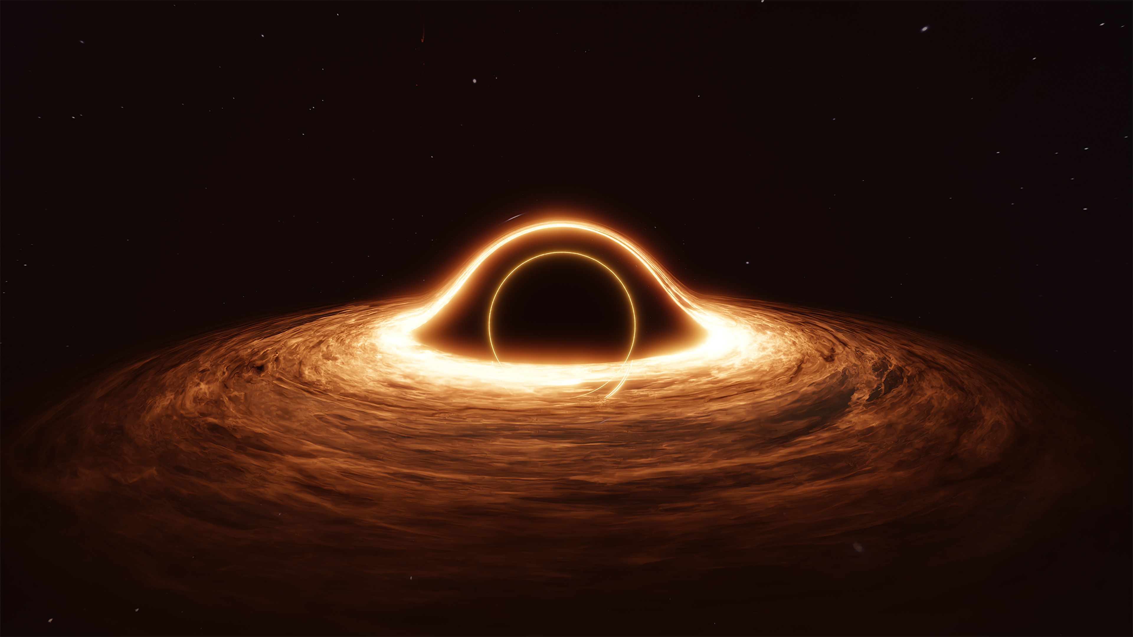 A dramatic 4k wallpaper showcasing a black hole's accretion disk glowing intensely against the backdrop of the dark cosmos