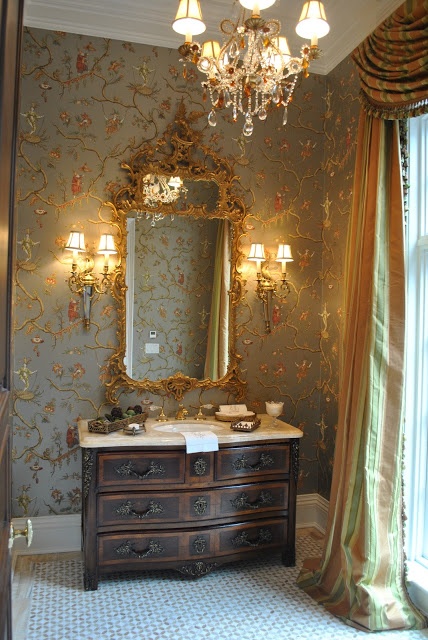 English style beautiful powder room Wallpaper is Jester Caprice in