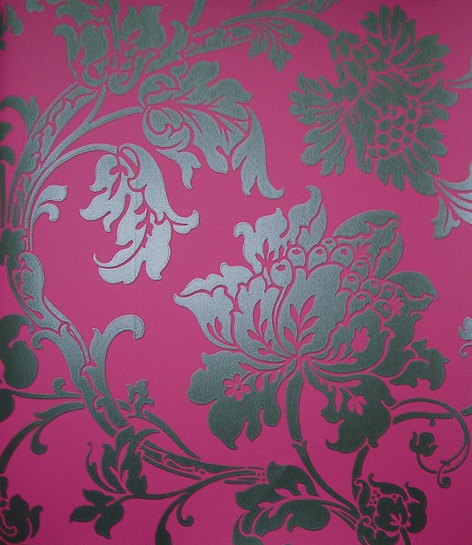 Eastern Rose Wallpaper Steel Damask Style Floral Printed On Fuschia