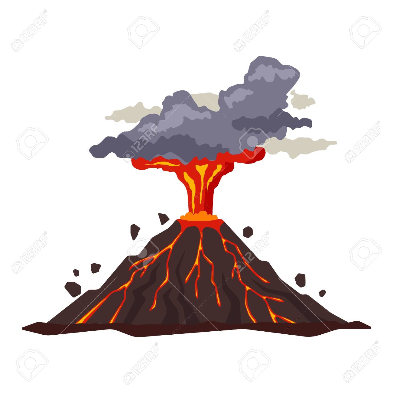Volcano Eruption With Magma Smoke Ashes Isolated On White