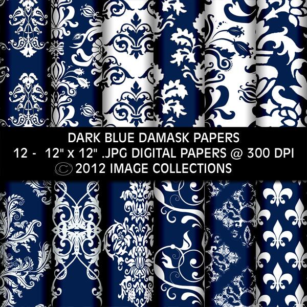 Dark Blue Damask Digital Background Paper X12
