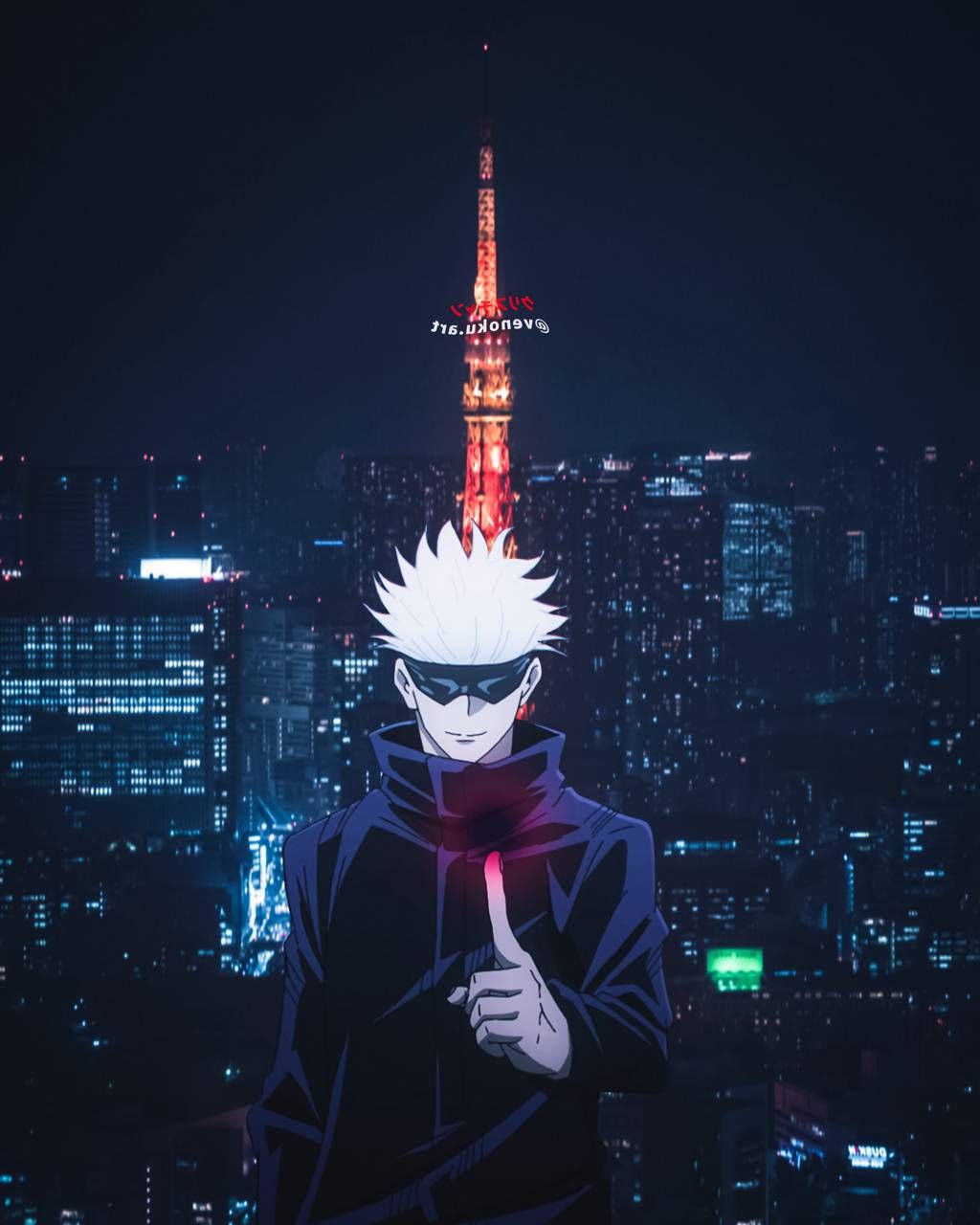Gojo Satoru from Jujutsu Kaisen in front of Tokyo Tower at night