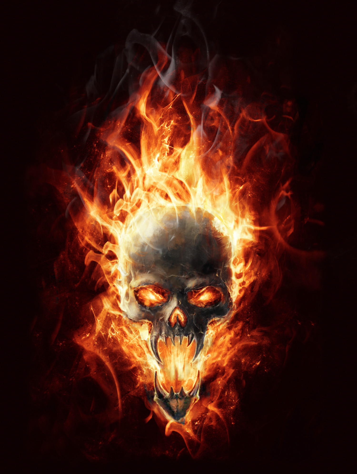 A flaming skull with glowing eyes set against a dark background. The skull appears to be screaming, with flames engulfing its head and emanating from its mouth. This intense and dramatic image evokes themes of death, power, and the supernatural
