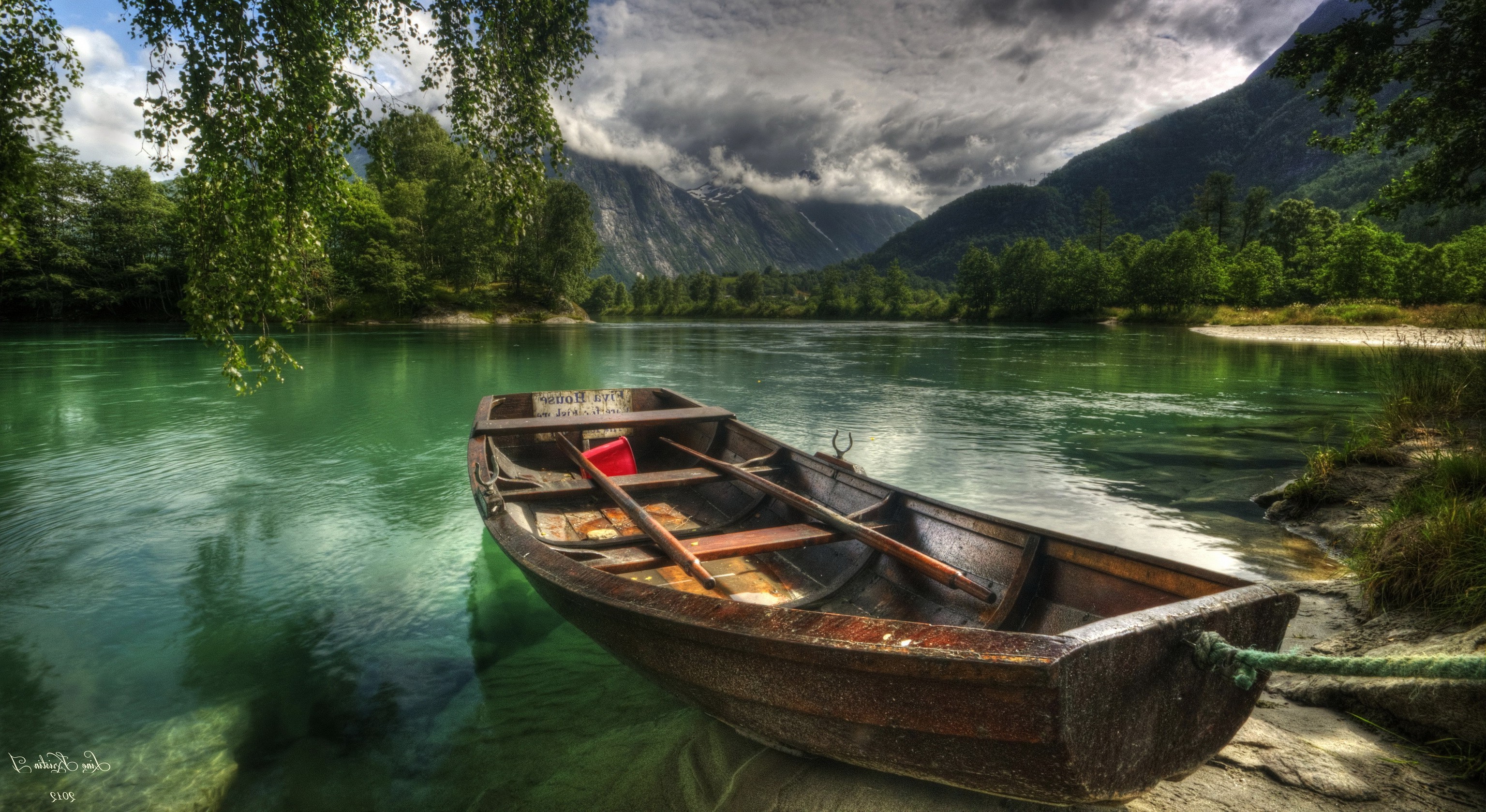 Landscape River Rowboat Wallpaper Hd