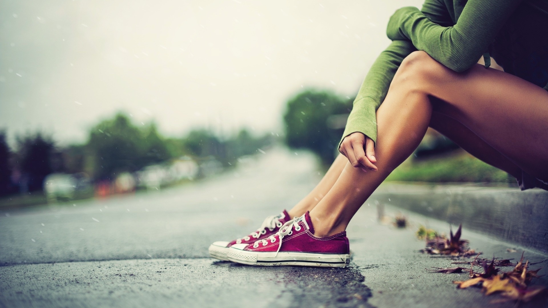 Wallpaper Girl Feet Street Shoes Asphalt Leaves Rain