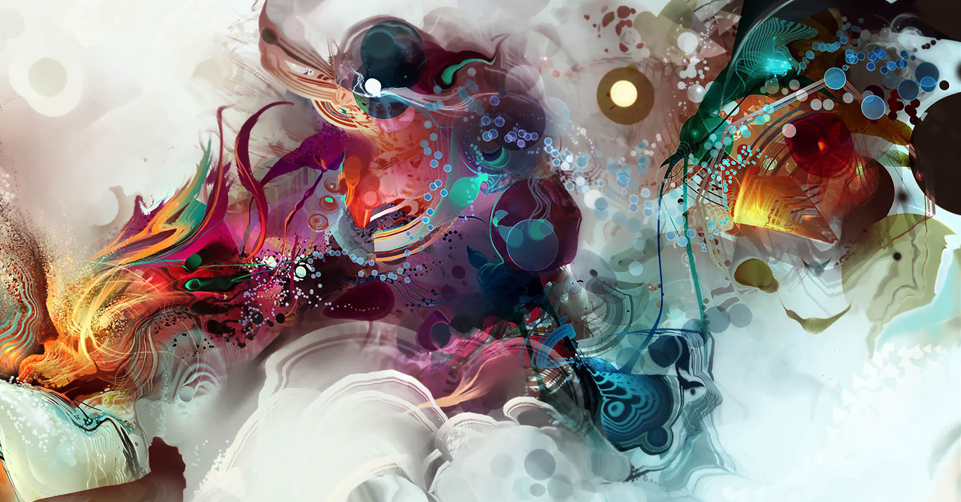 A vibrant and dynamic abstract computer background with swirling colors, flowing shapes, and translucent orbs