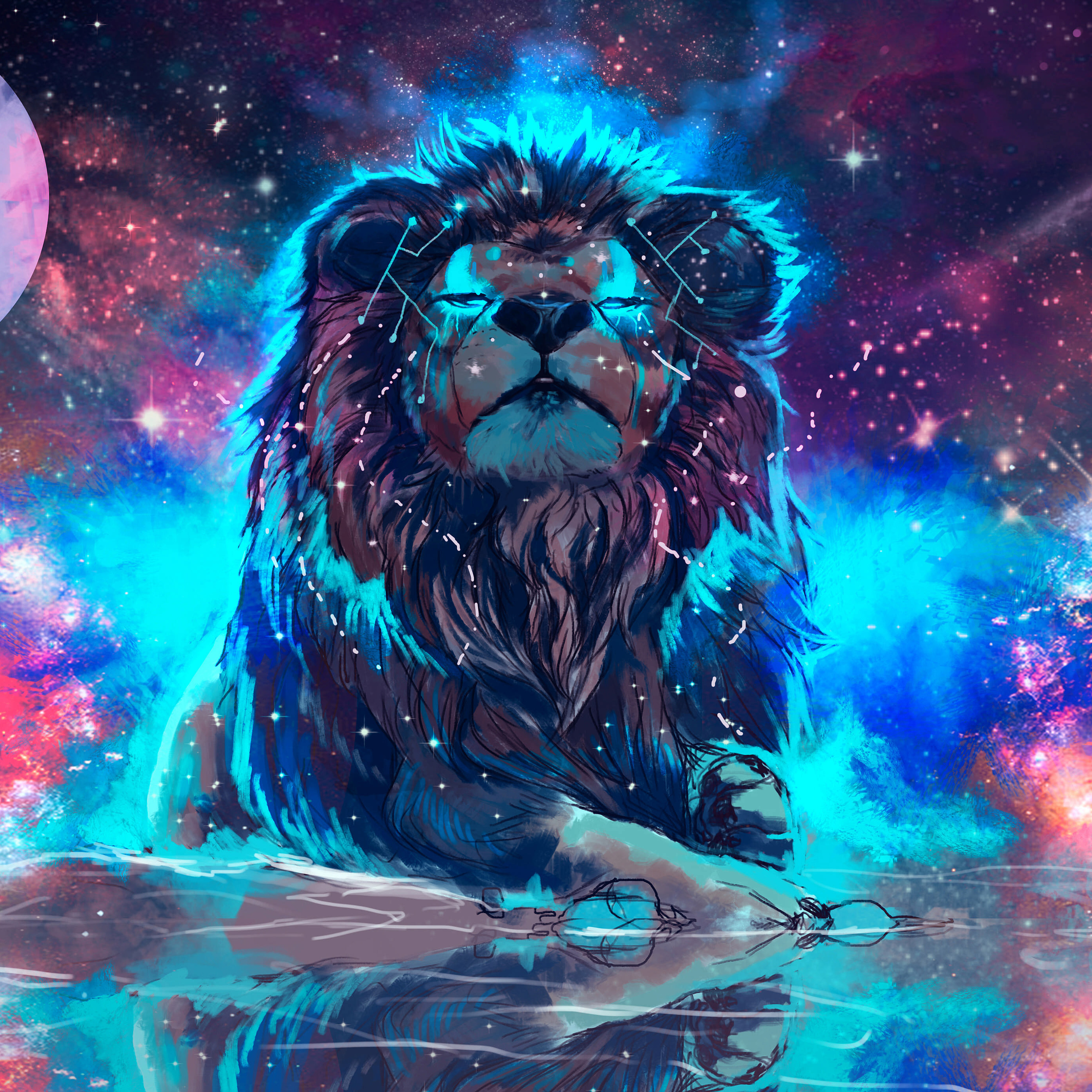 A majestic lion with a cosmic mane, surrounded by stars and galaxies, creating a stunning 4k wallpaper
