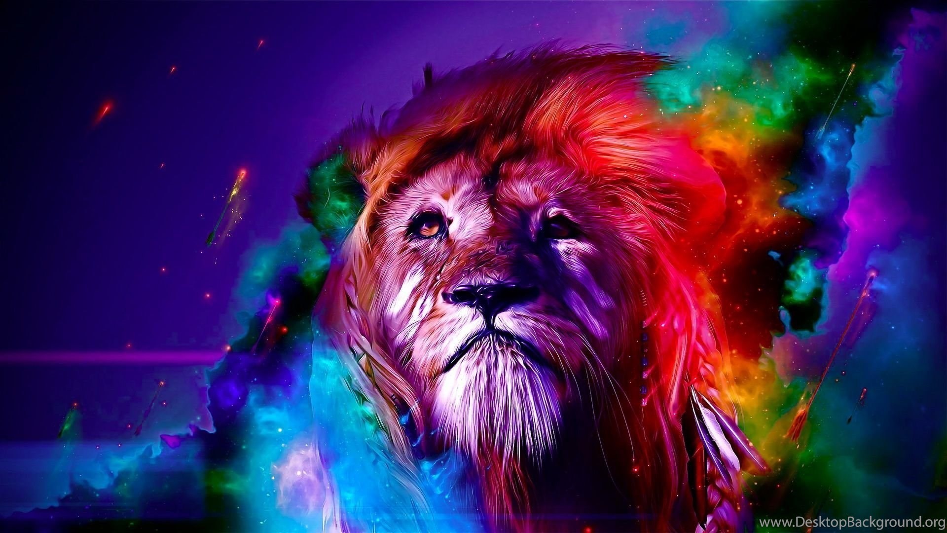 A majestic lion with a colorful mane, set against a backdrop of vibrant nebulae. Perfect for lion lovers and those who appreciate stunning digital art