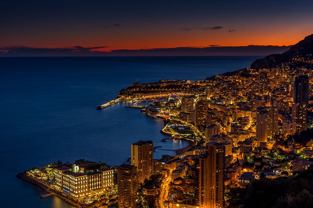 Wallpaper Monte Carlo Monaco Saint Roman Bay Night Skyscrapers