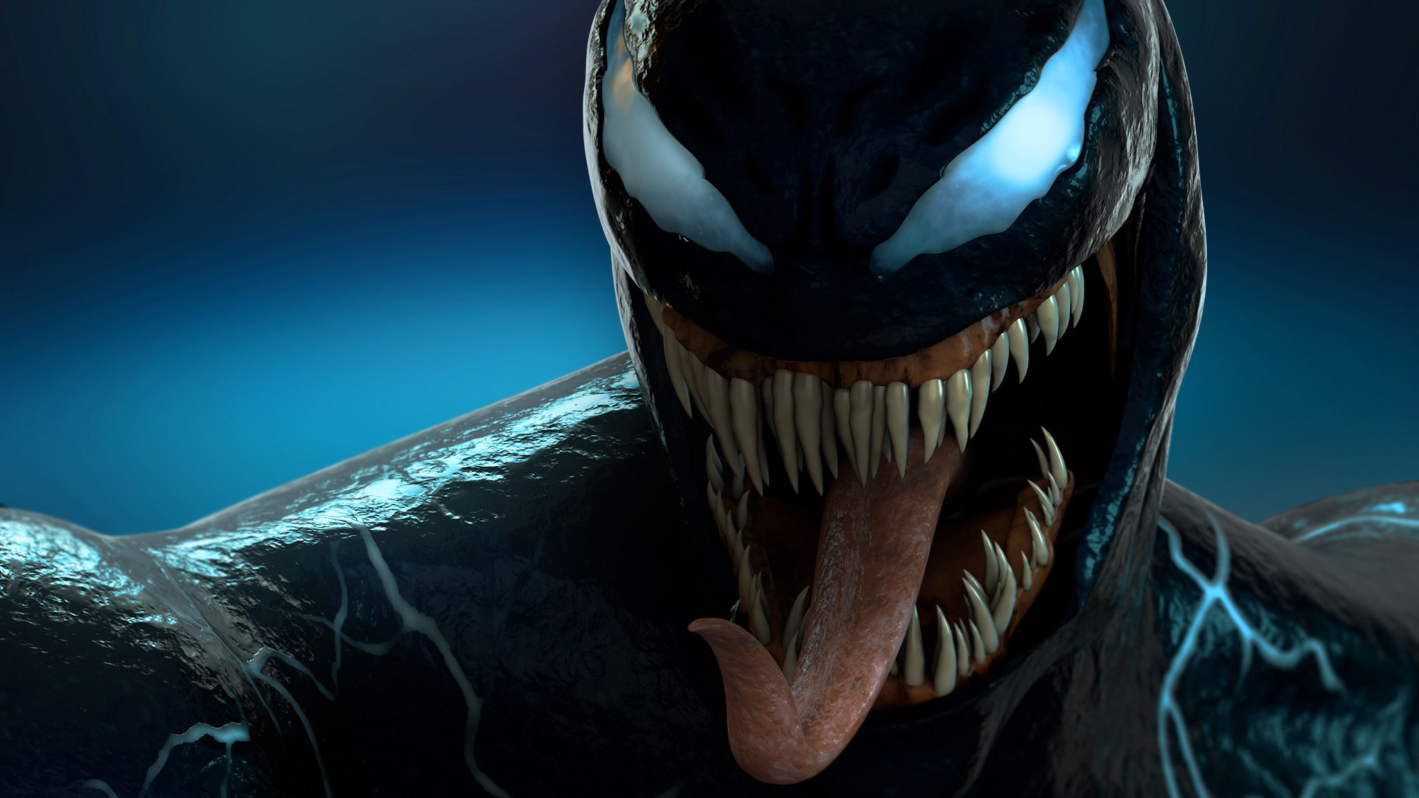 Close-up of Venom's menacing face, showcasing sharp teeth, long tongue, and glowing eyes, against a dark blue backdrop