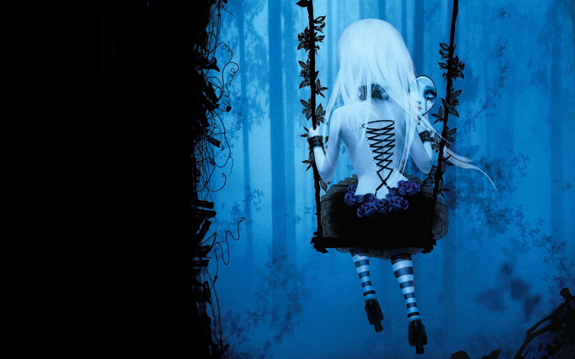 Dark Gothic Anime Fantasy Trees Fog Mood Girl Women Swing Wallpaper