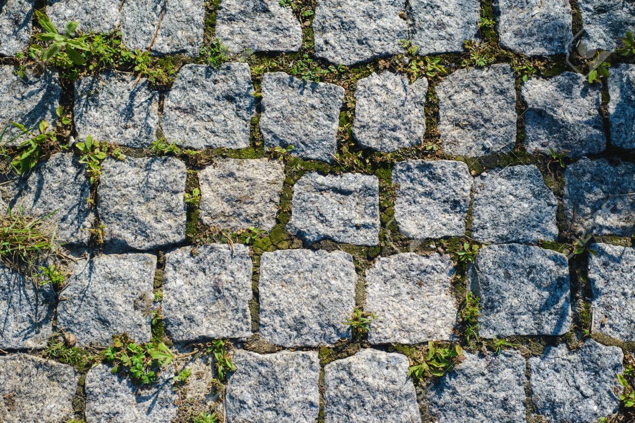 Texture Of The Stone Tiles Overgrown With Moss Background