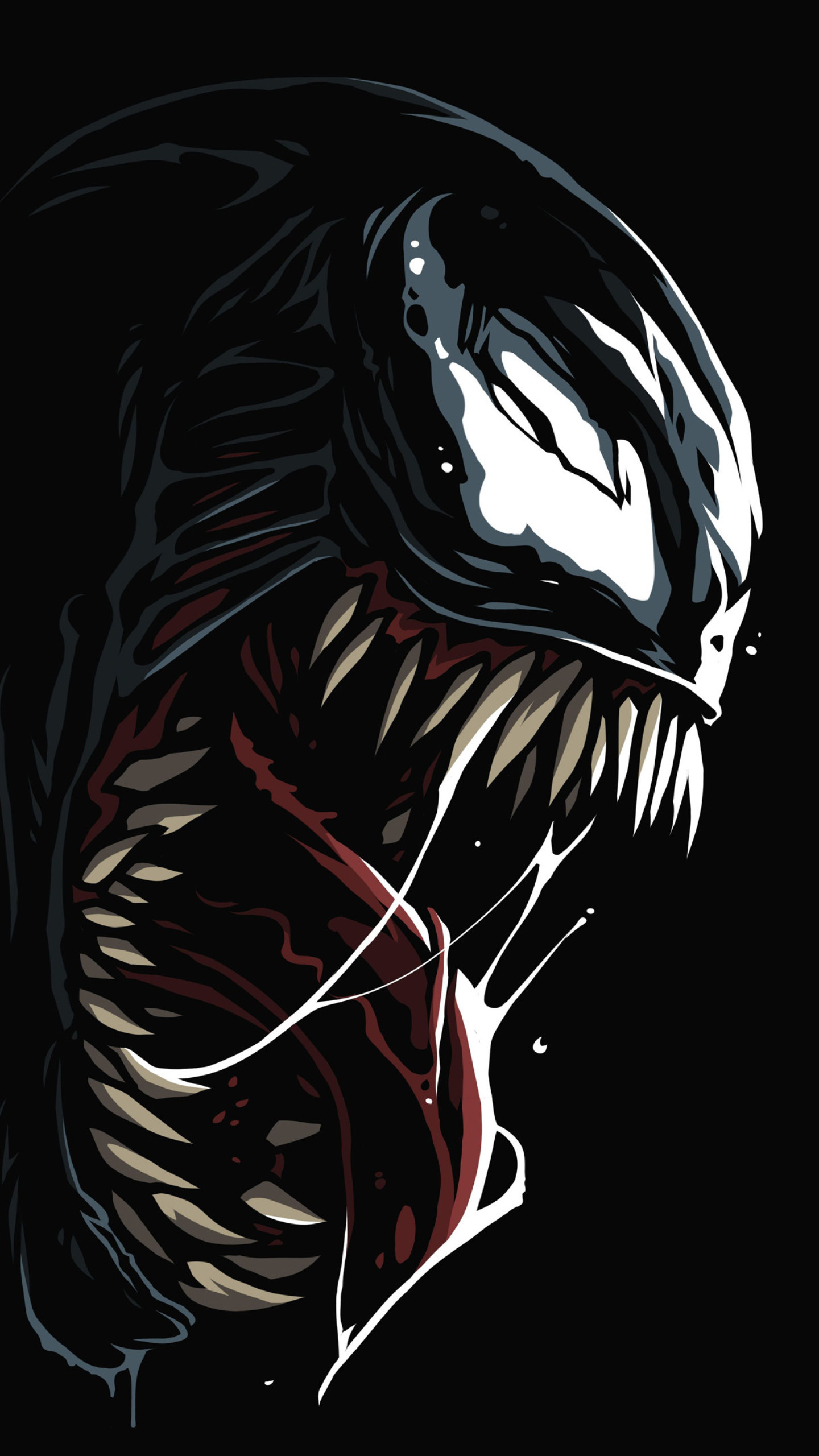 A menacing close-up of Venom's head and bared fangs against a black background