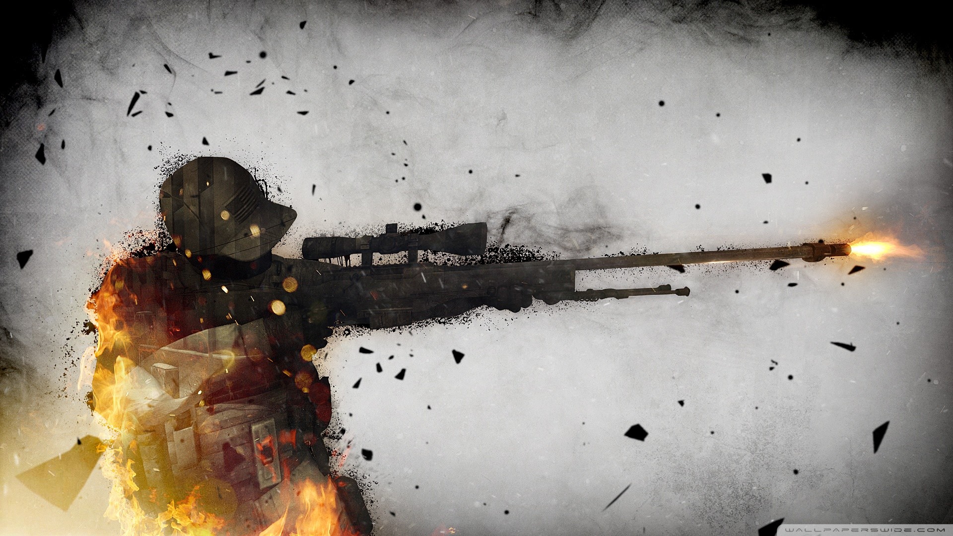A Counter-Strike: Global Offensive sniper firing a shot, engulfed in flames and fragmented visuals, creating a dramatic and intense scene