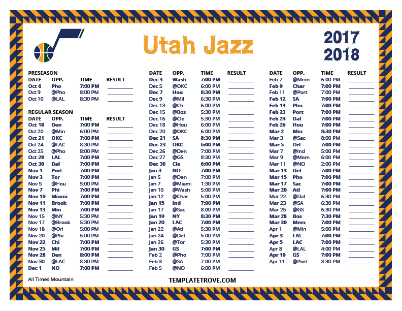 Printable Utah Jazz Schedule