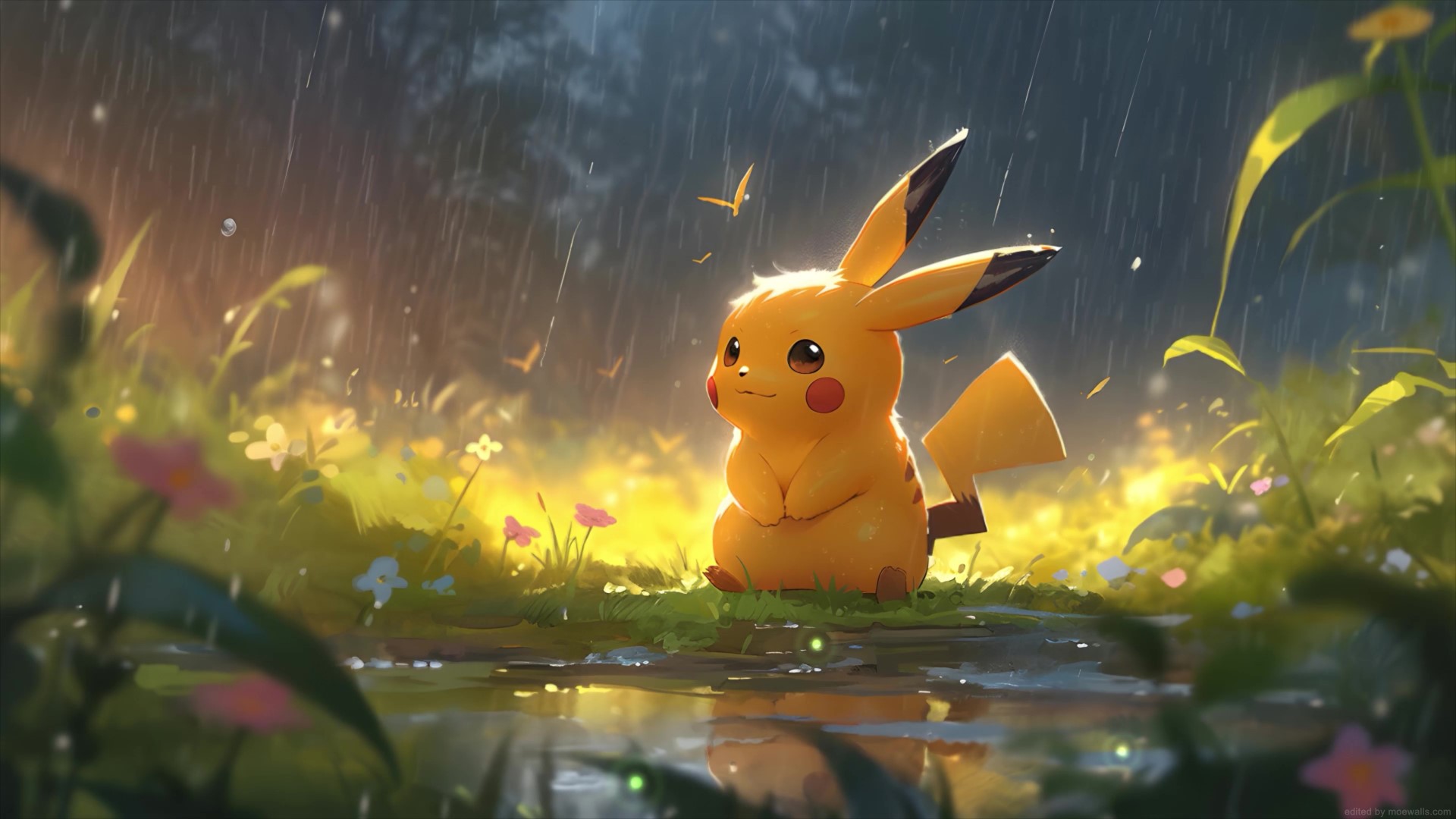 A charming, animated Pikachu stands in a softly lit, rainy meadow, bringing a touch of whimsy and nostalgia to your desktop