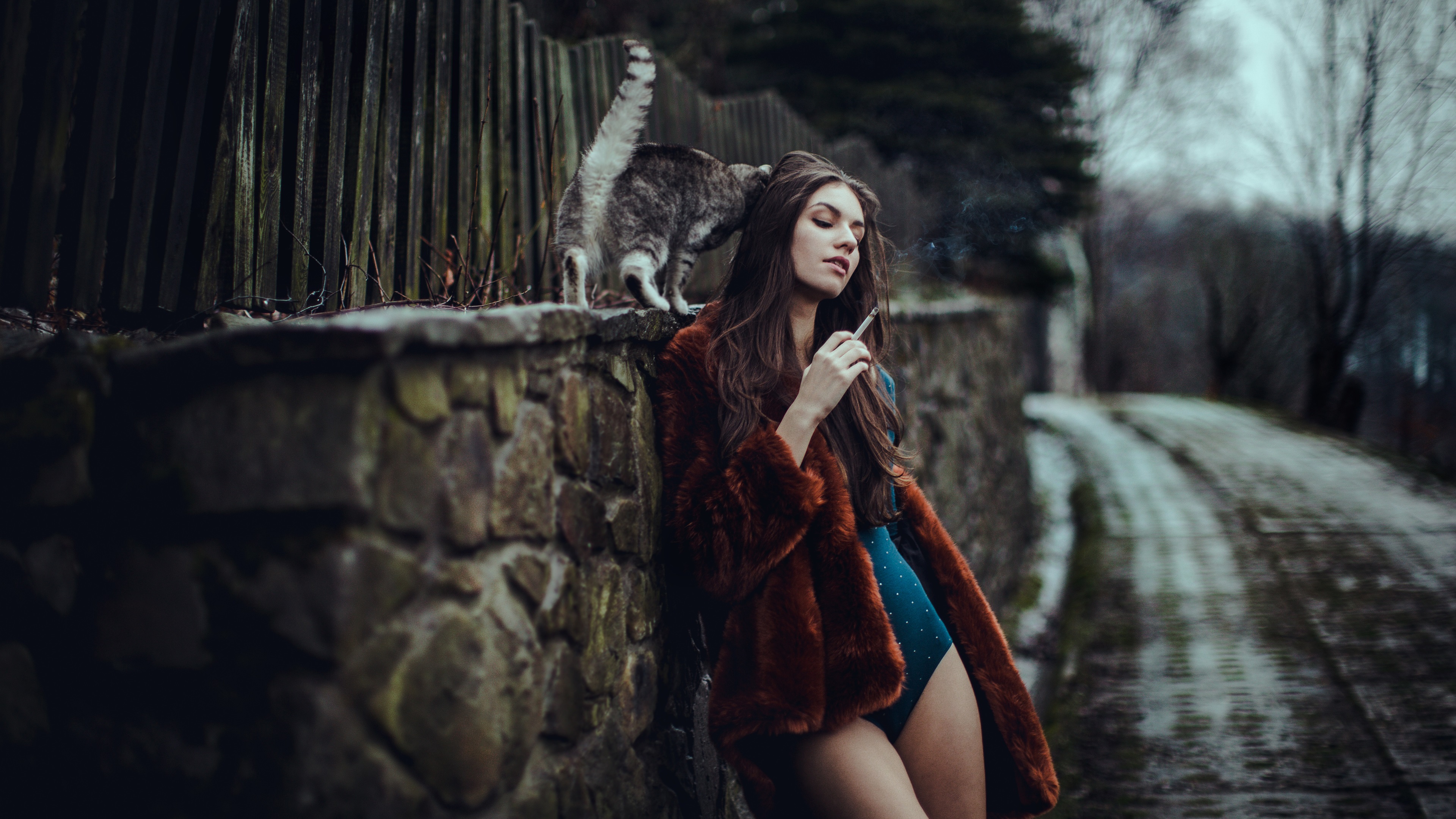 Wallpaper Girl Smoke Bikini Coat UHD 4k Picture Image