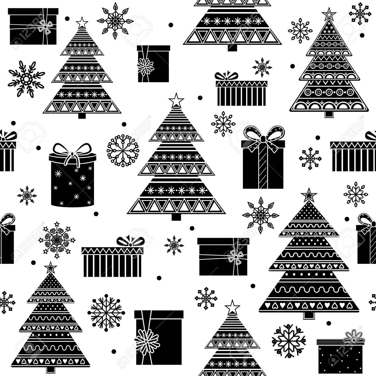 Pattern Of Christmas Tree With Ornament Gifts And Snowflakes
