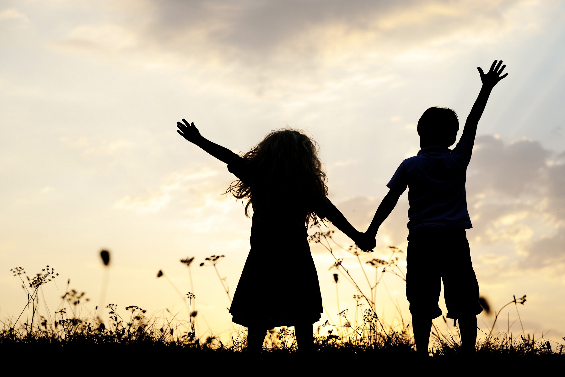 Silhouette of two children holding hands and raising their arms in a field at sunset, symbolizing friendship and joy