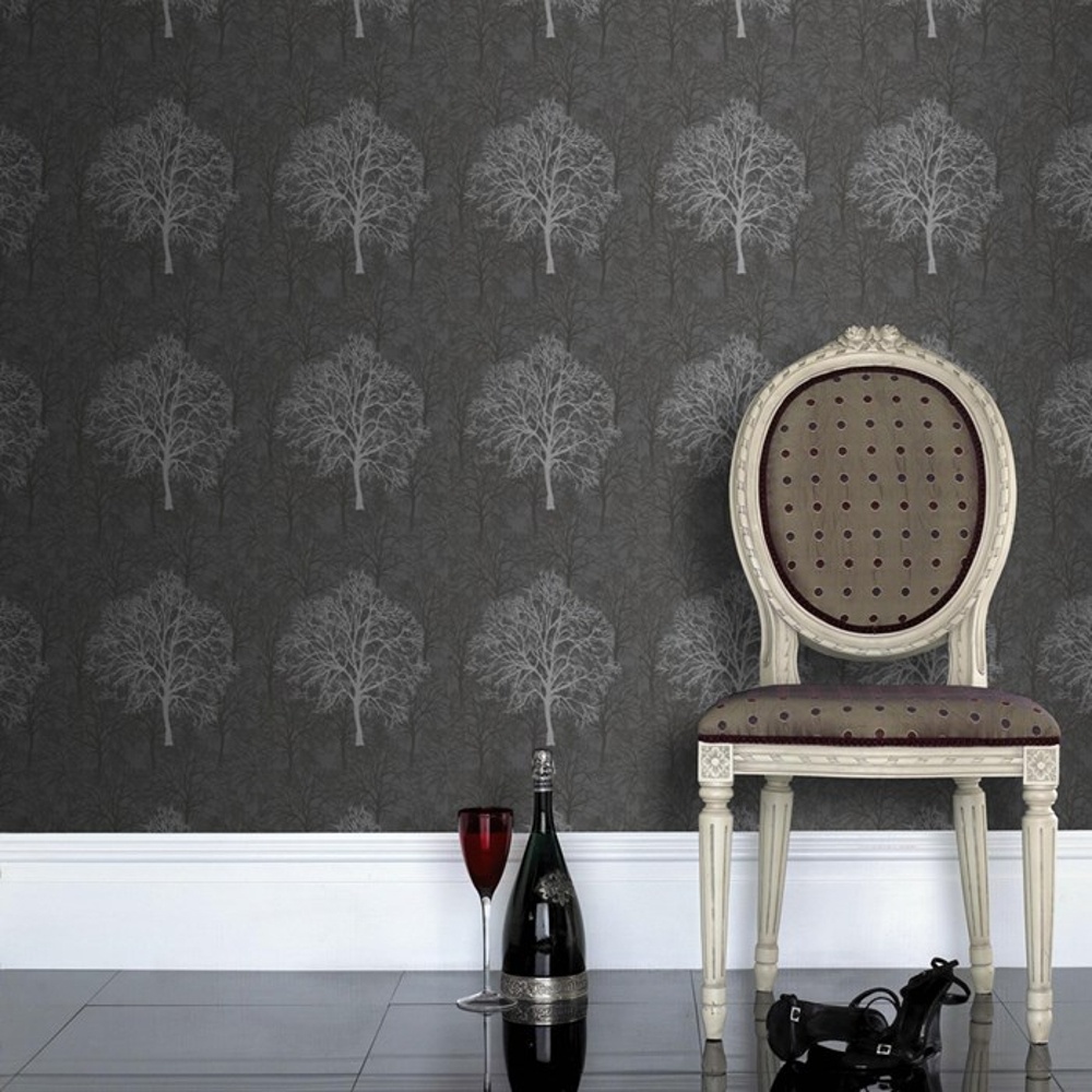  Brown Gothic Silver Black Tree Pattern Motif Metallic Wallpaper 60011