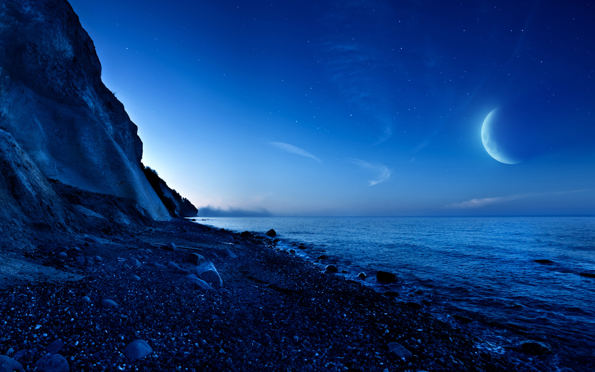 Nightfall Mountain Sea Moon Wallpaper HD