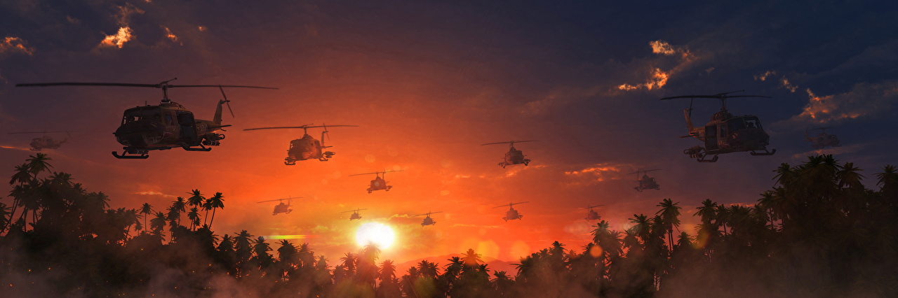 Desktop Wallpaper Helicopters The Vietnam War Sun Sky Sunrises And