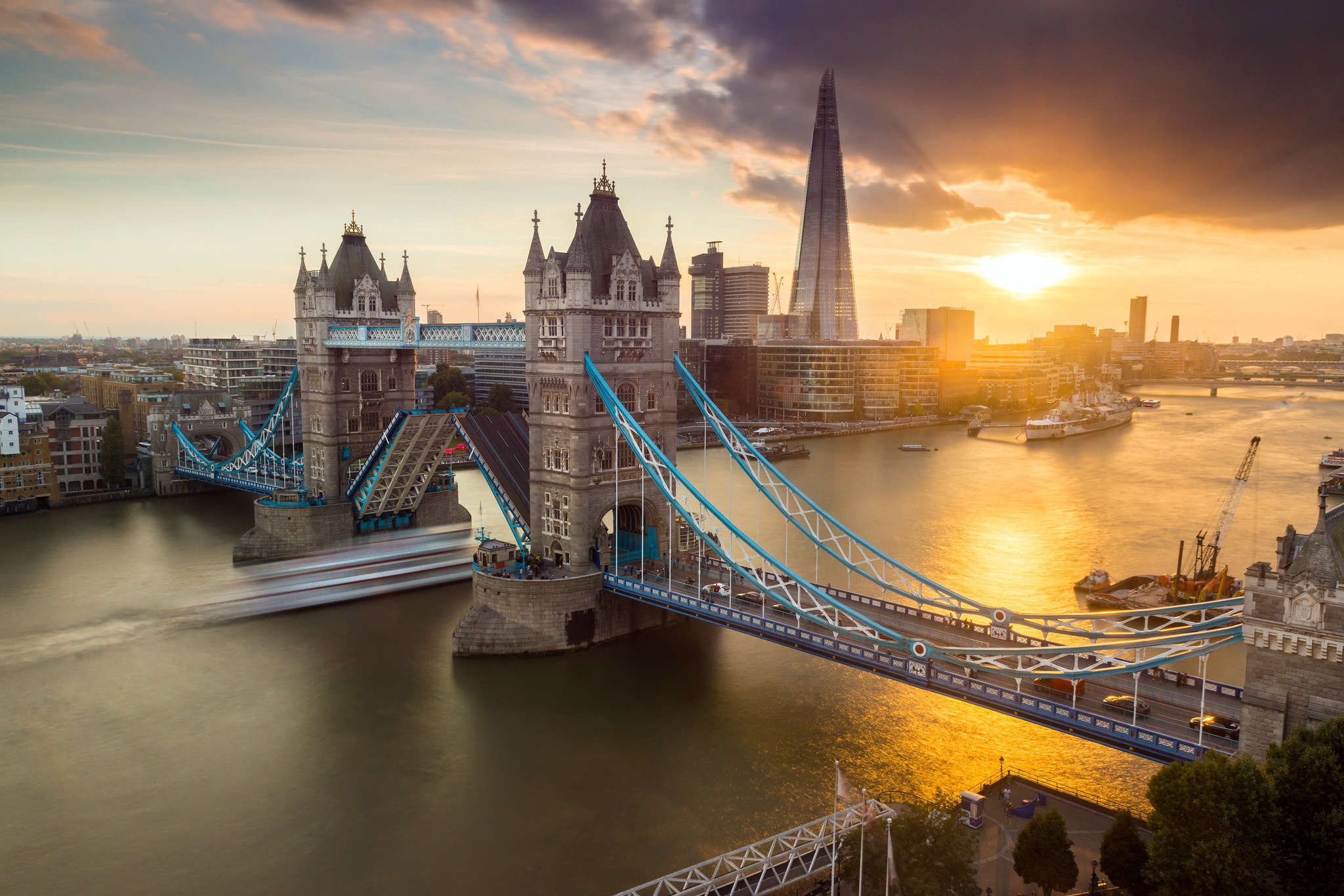 A stunning sunset over the Tower Bridge and The Shard in London, UK