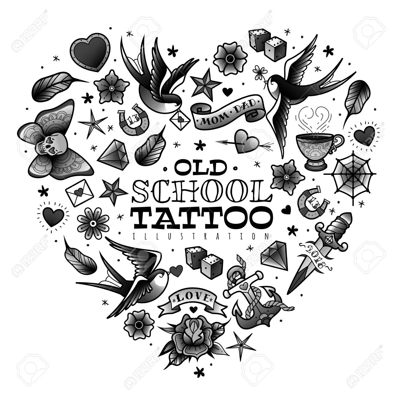 A Large Set Of Isolated Old School Tattoo Elements On White
