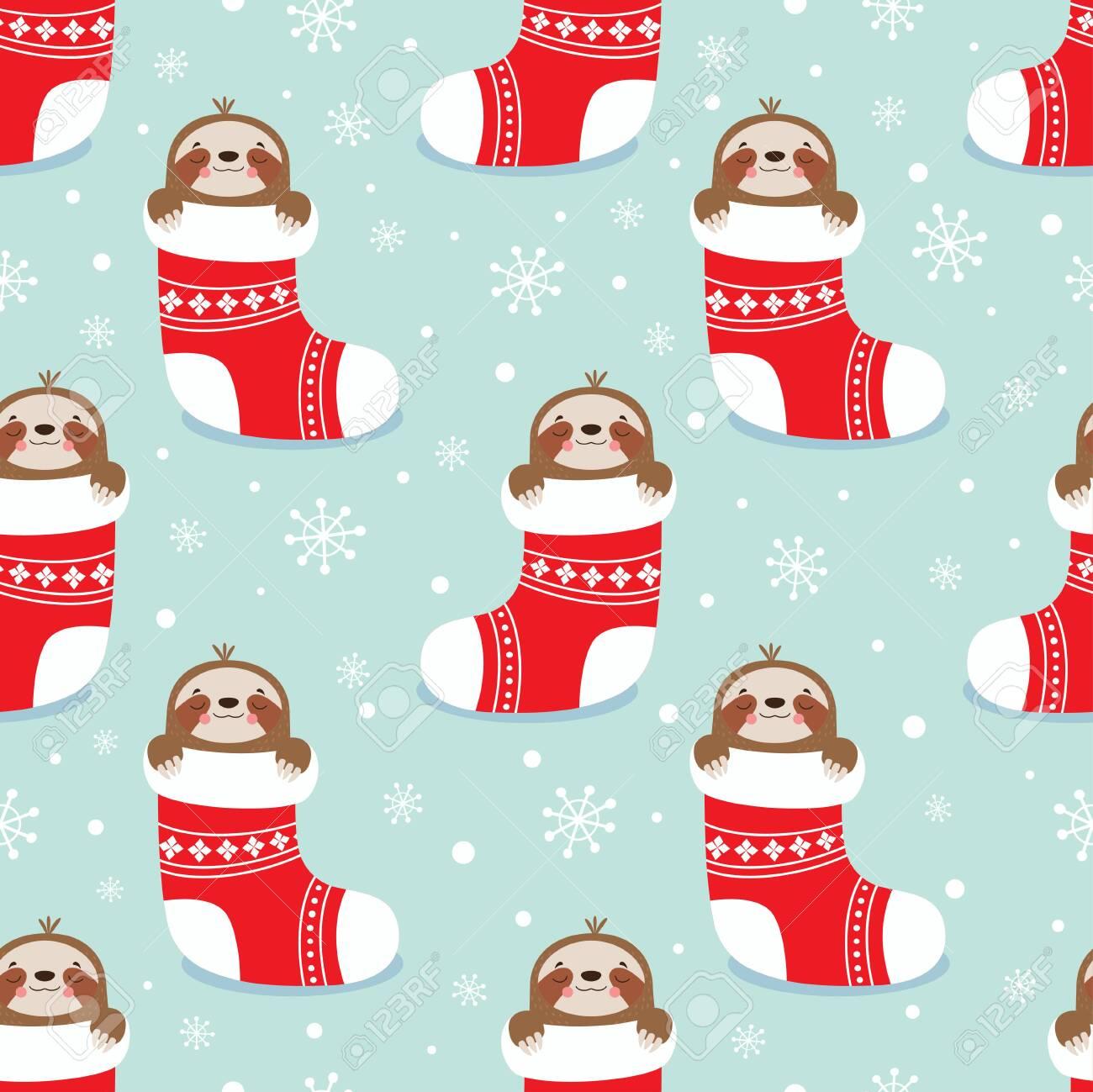 Christmas Sloth Seamless Pattern Cute Sloth In Christmas Sock