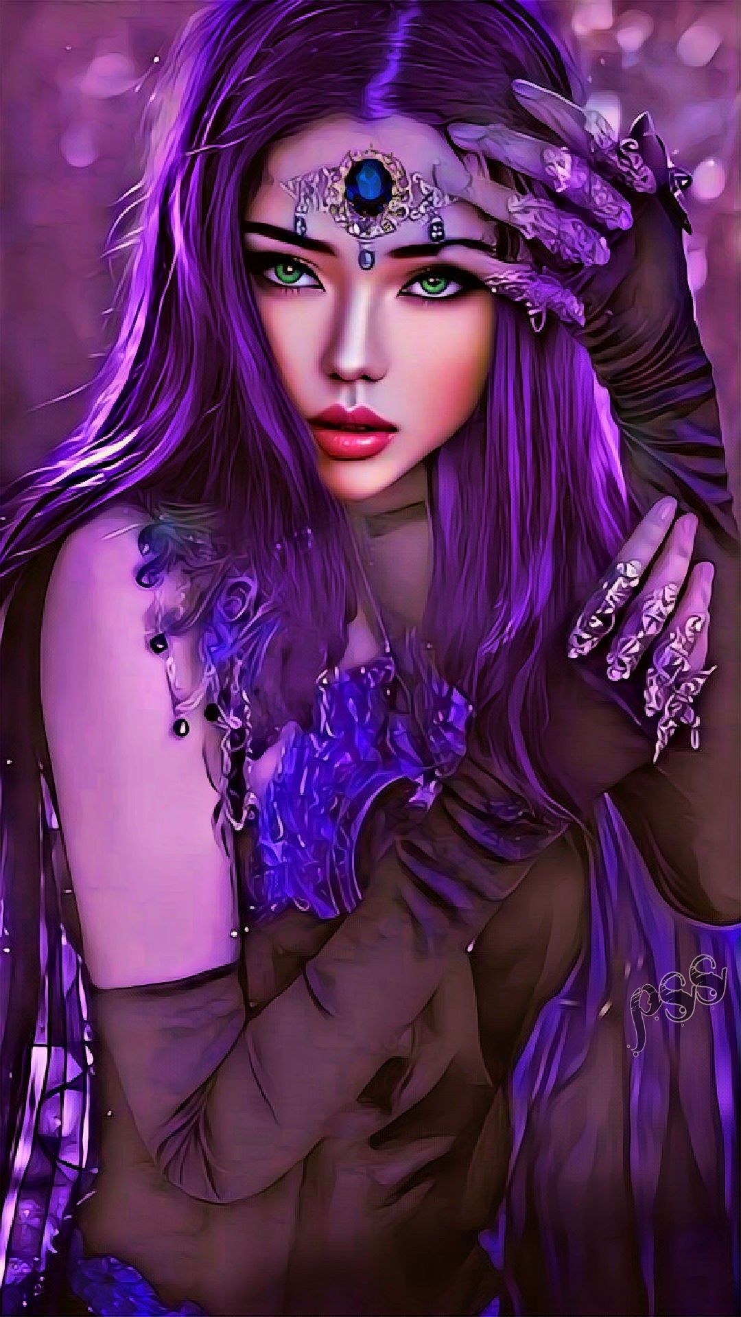 A fantasy art portrait of a woman with purple hair and attire, adorned with jewels and intricate details