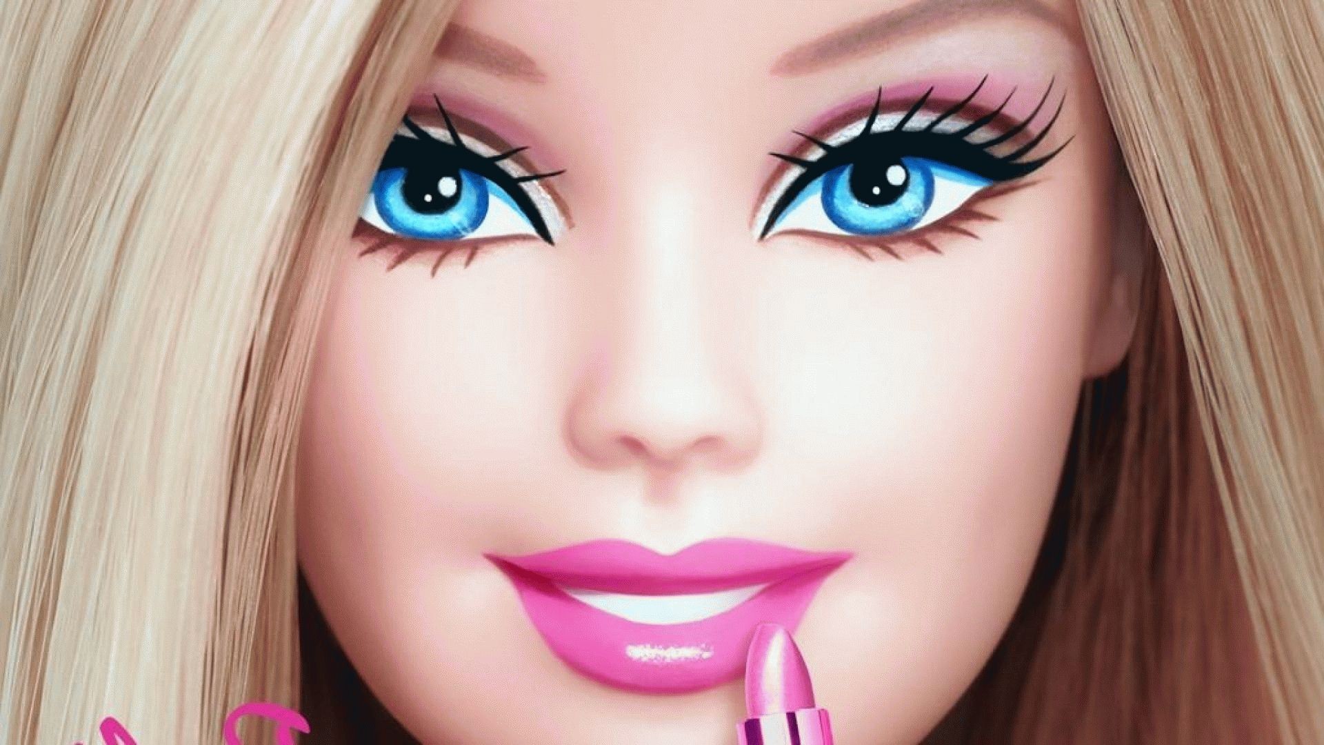 Close-up of a Barbie doll's face, highlighting her bright blue eyes, long blonde hair, and pink lipstick