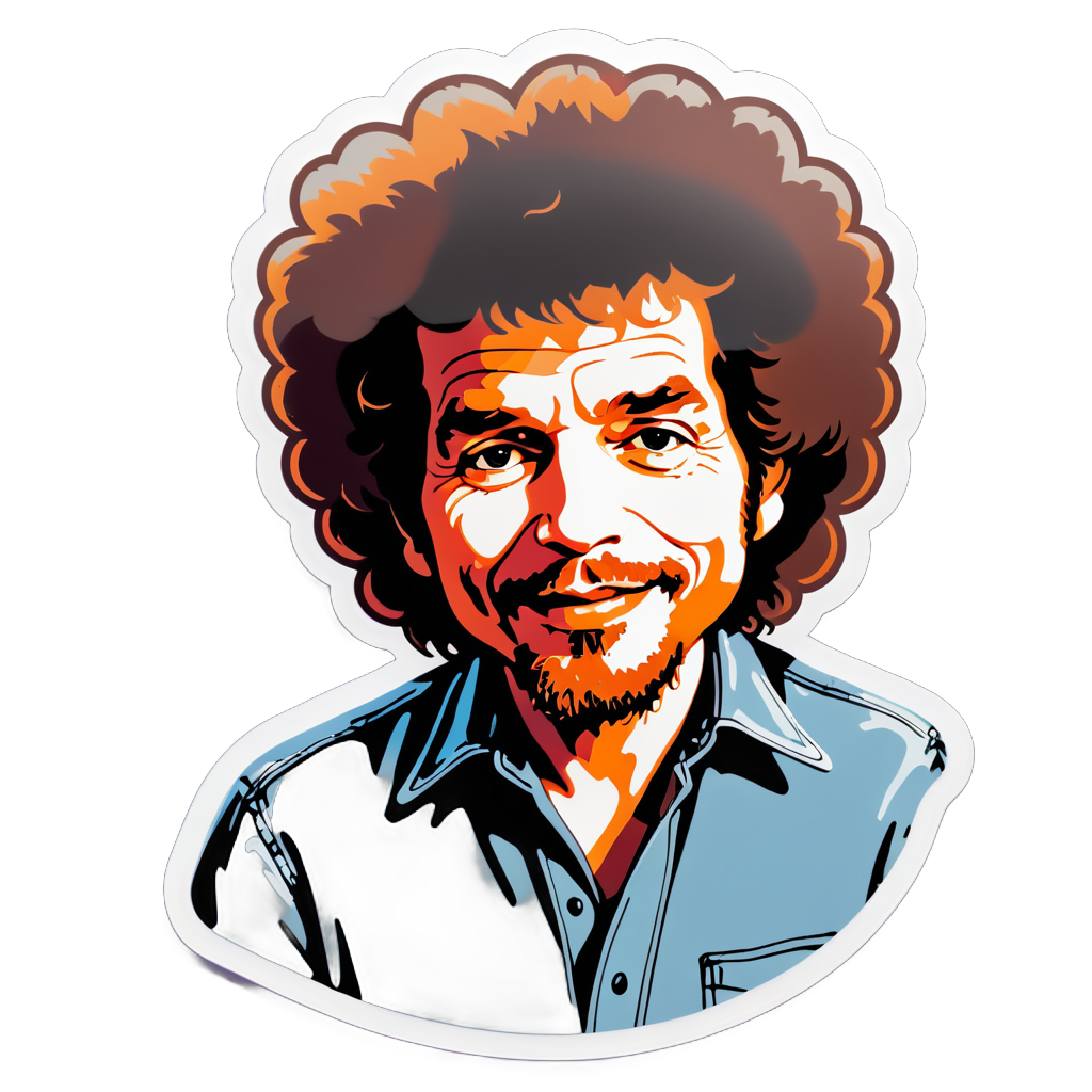 A stylized portrait of Bob Dylan with a warm color palette and a focus on his expressive features