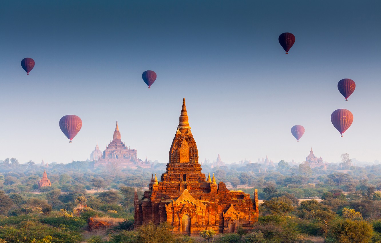 Wallpaper Forest The Sun Flight Balloons Temple