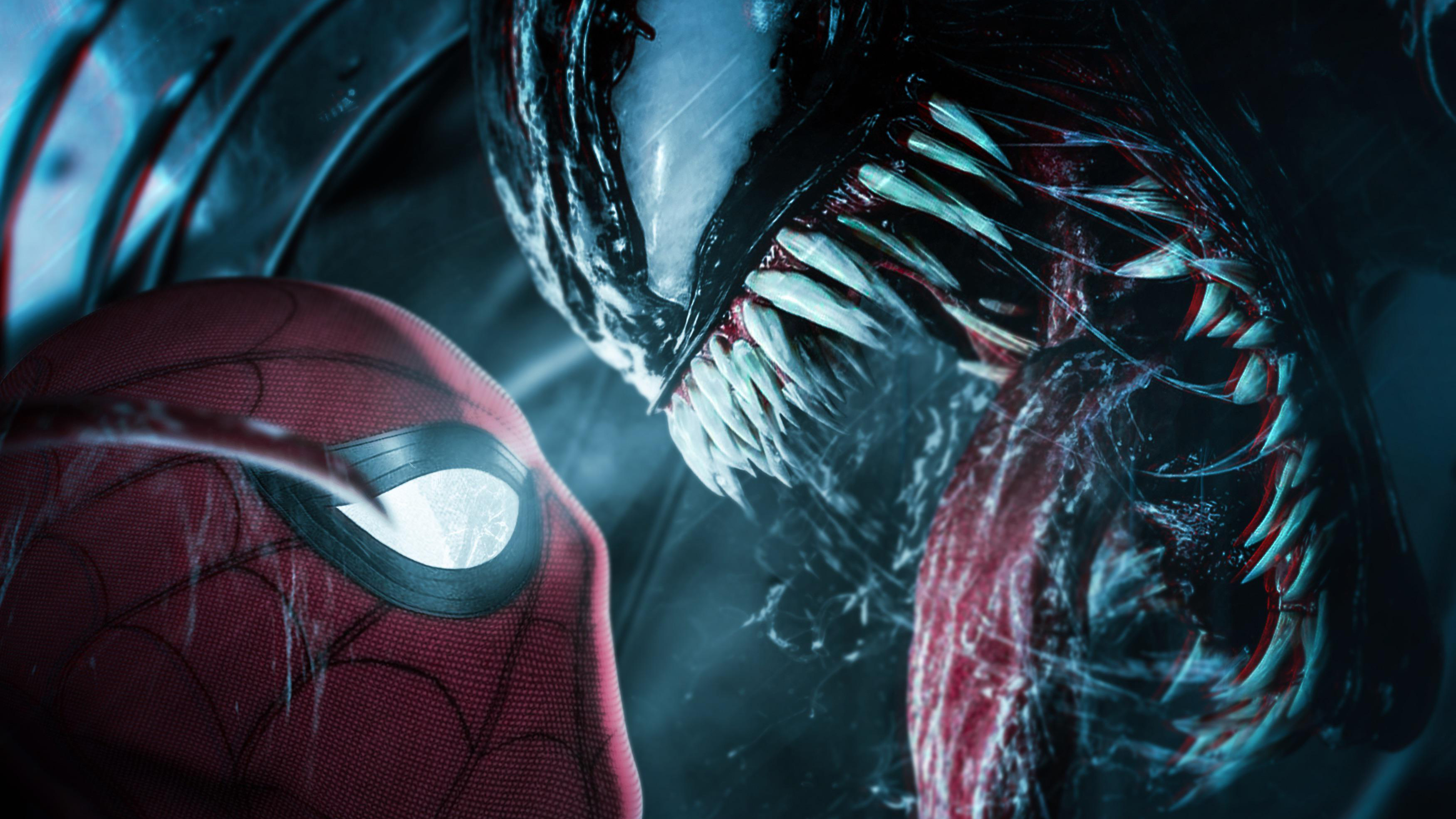 Close-up of Venom facing Spider-Man, showcasing sharp teeth, long tongue, and symbiotic tendrils. This high-definition wallpaper captures the intense confrontation between the two iconic characters