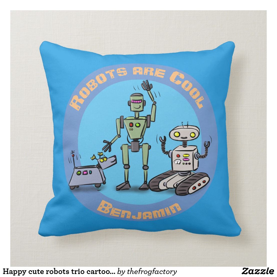 Happy Cute Robots Trio Cartoon On Blue Background Throw Pillow