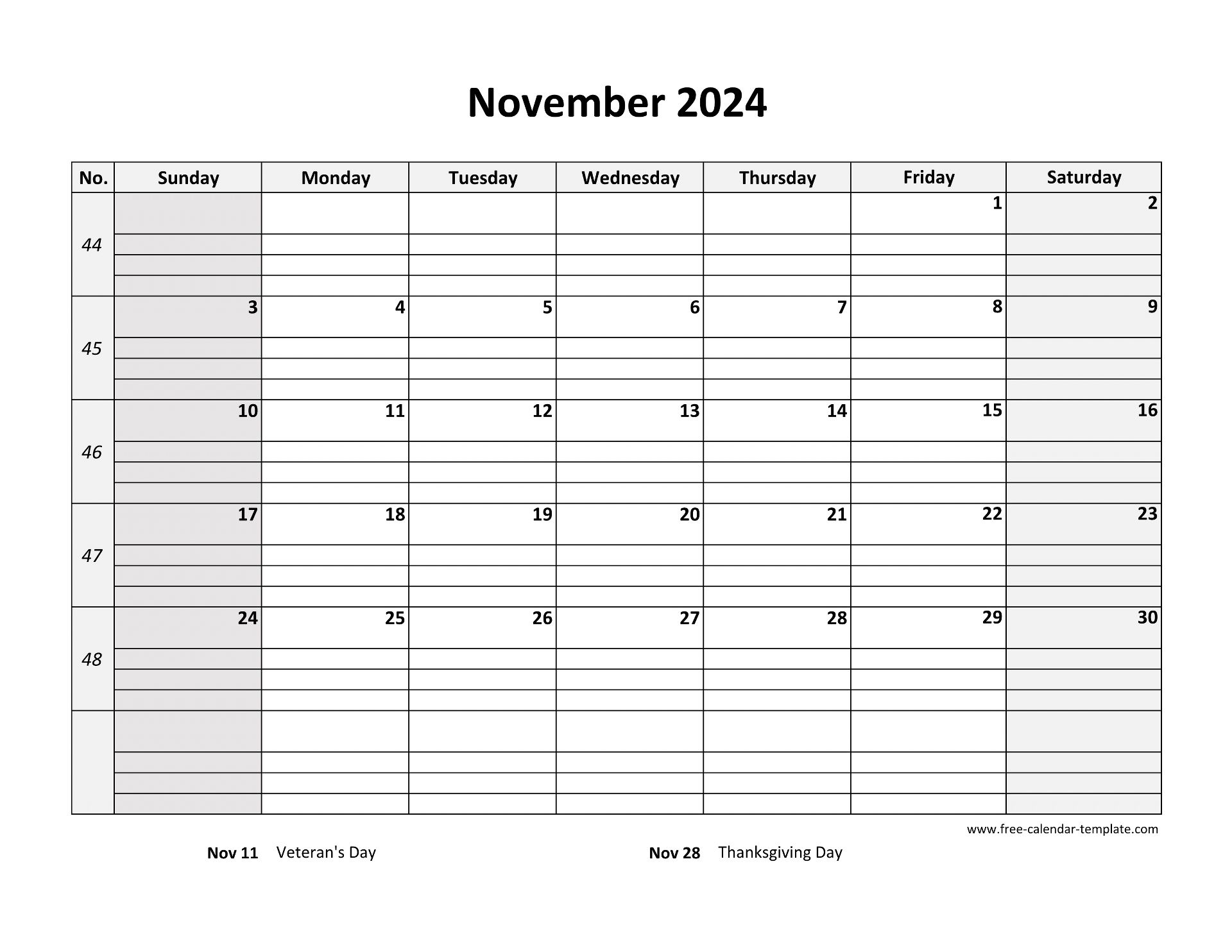 November 2024 calendar with marked Veteran's Day and Thanksgiving Day
