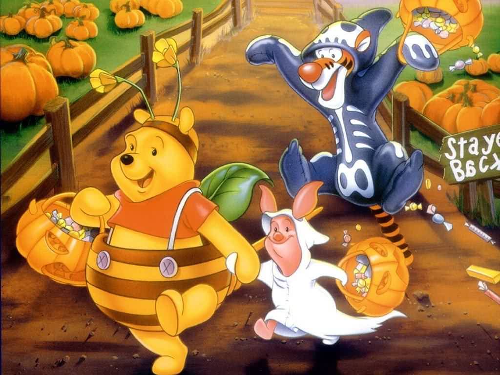 Winnie the Pooh, Tigger, and Piglet trick-or-treating in their Halloween costumes