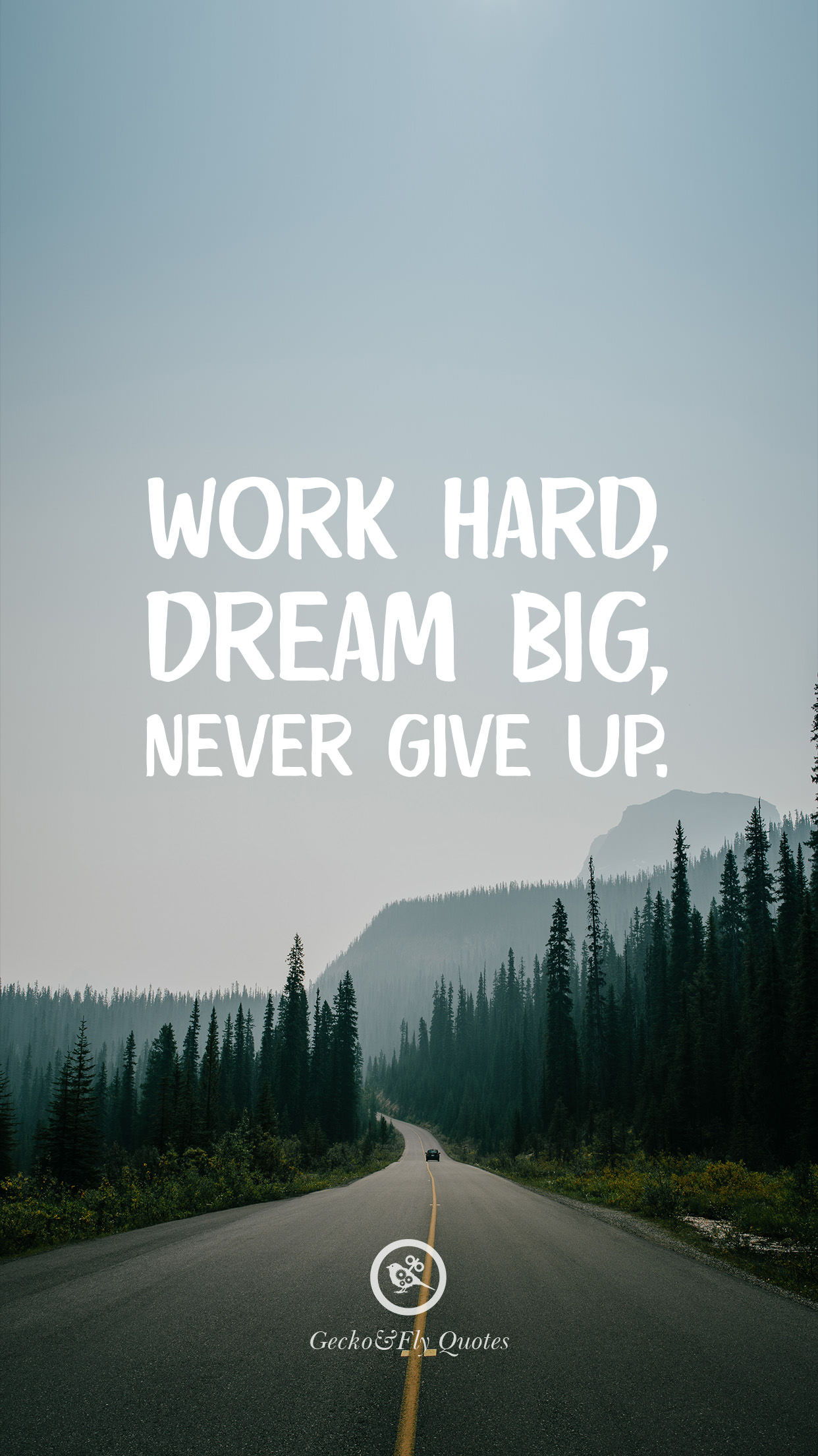 A motivational quote overlaid on a scenic image of a winding road through a forest, encouraging viewers to work hard, dream big, and never give up