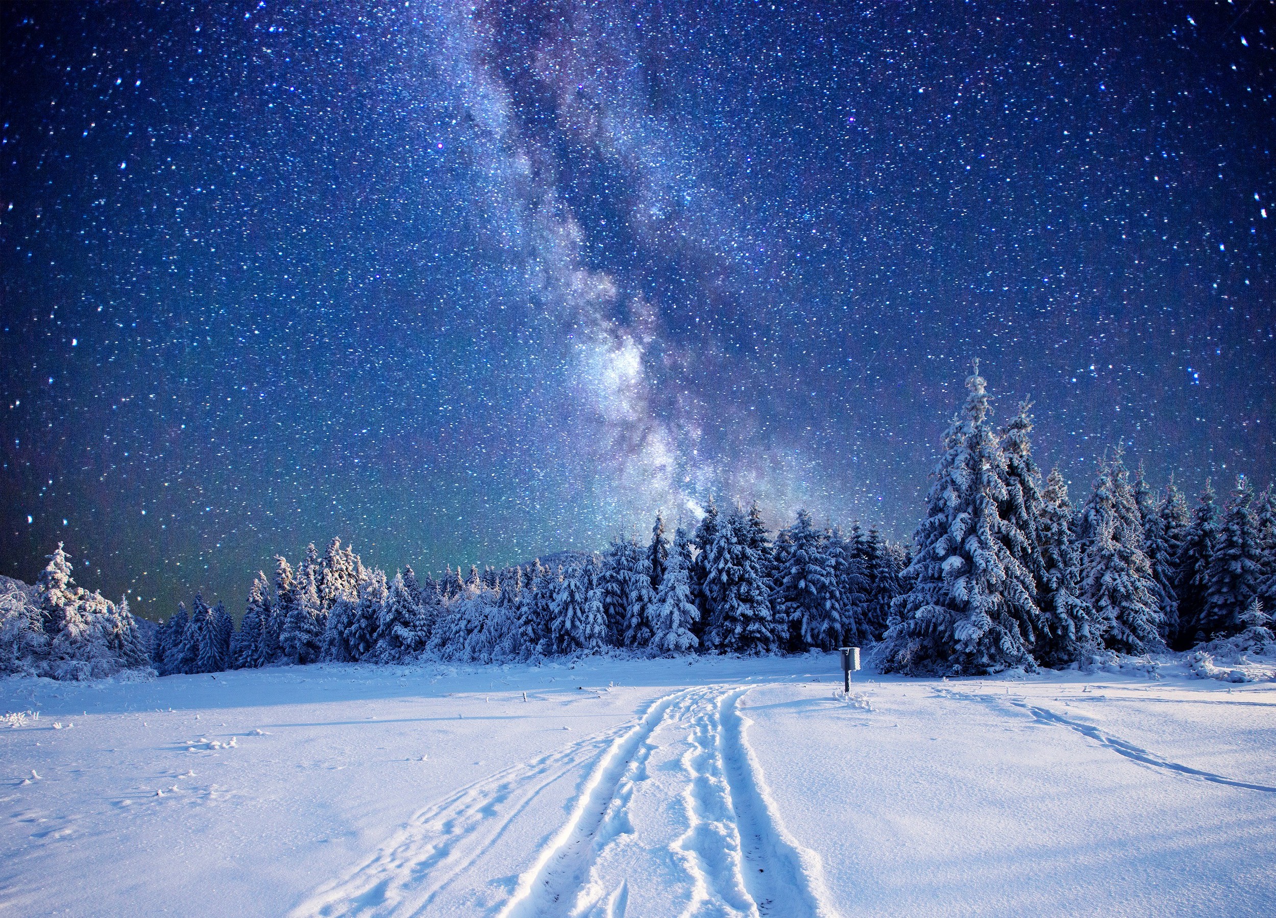 A breathtaking winter landscape under a starry night sky with the Milky Way visible, snow-covered trees in the background, and footprints leading through the pristine snow