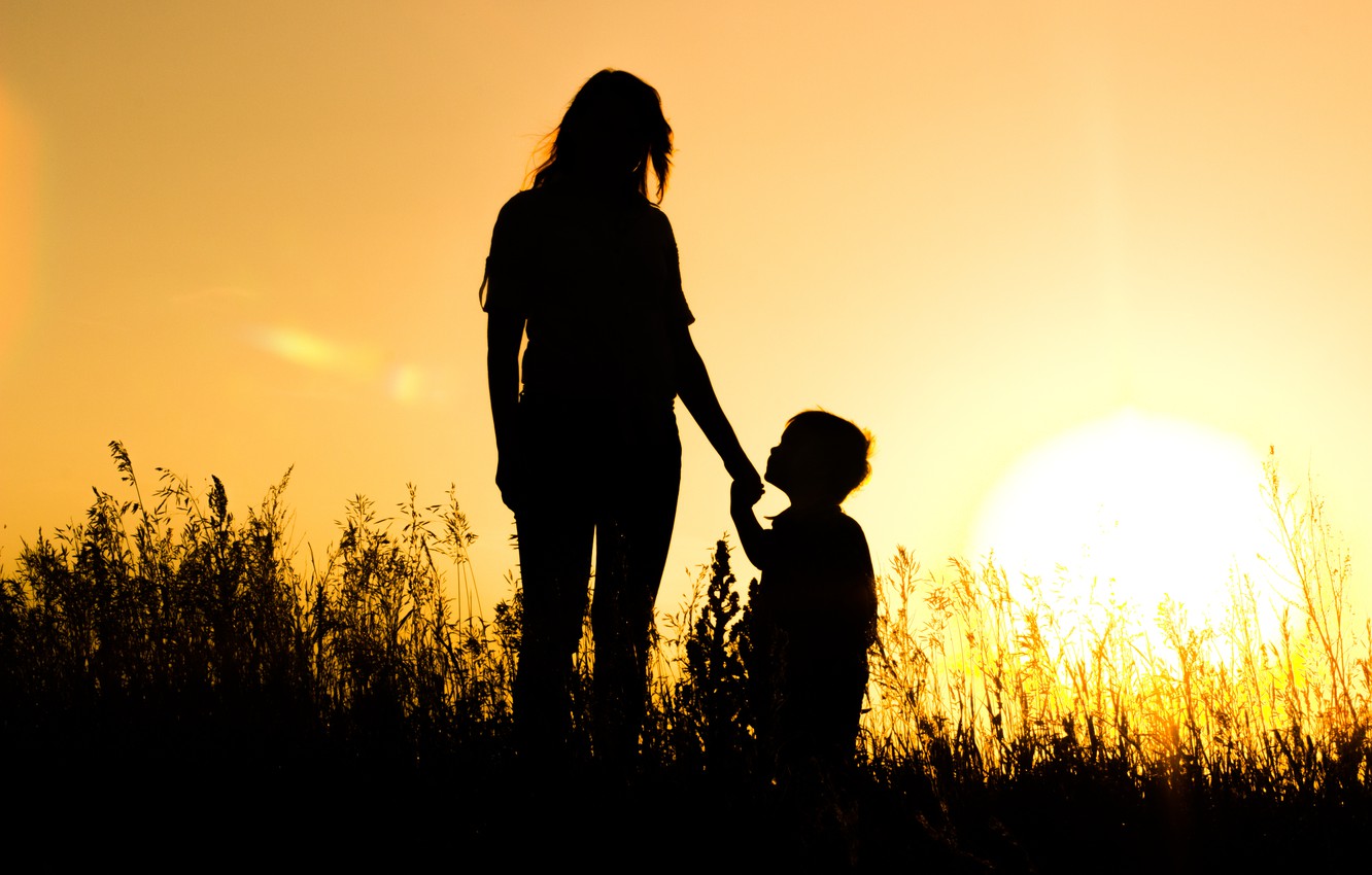 Wallpaper The Sun Sunset Silhouettes Mom Son Image For