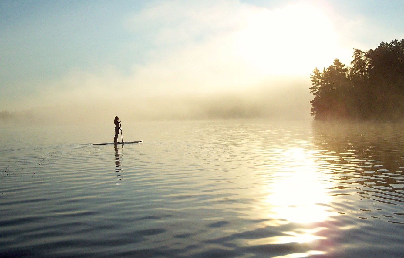 Wallpaper Girl Fog Lake Shore Morning Paddle Sup Image For