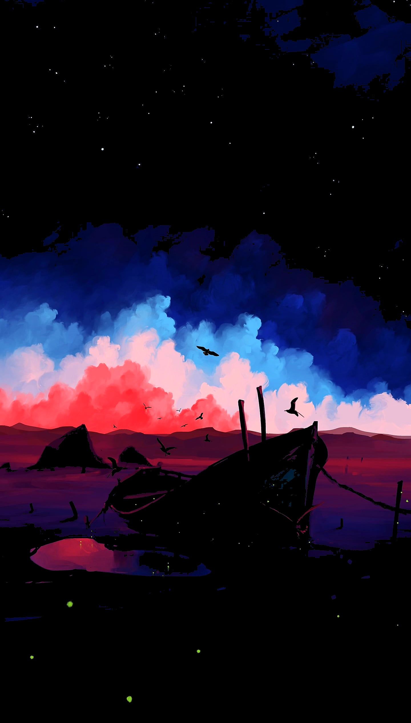 A captivating AMOLED 4K wallpaper featuring a silhouetted abandoned boat against a vibrant sunset sky with scattered stars and fireflies