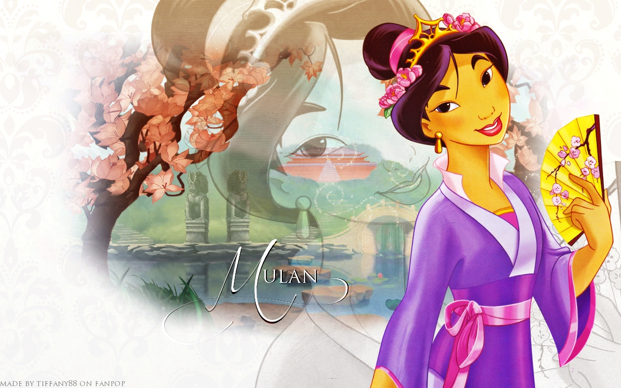 Mulan in a purple dress holding a fan, with a background featuring a stylized landscape and a subtle image of her face